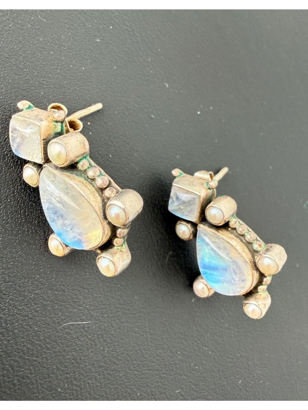 Vintage Nicky Butler NB India Earrings Stud Moonstone Pearl Sterling Silver